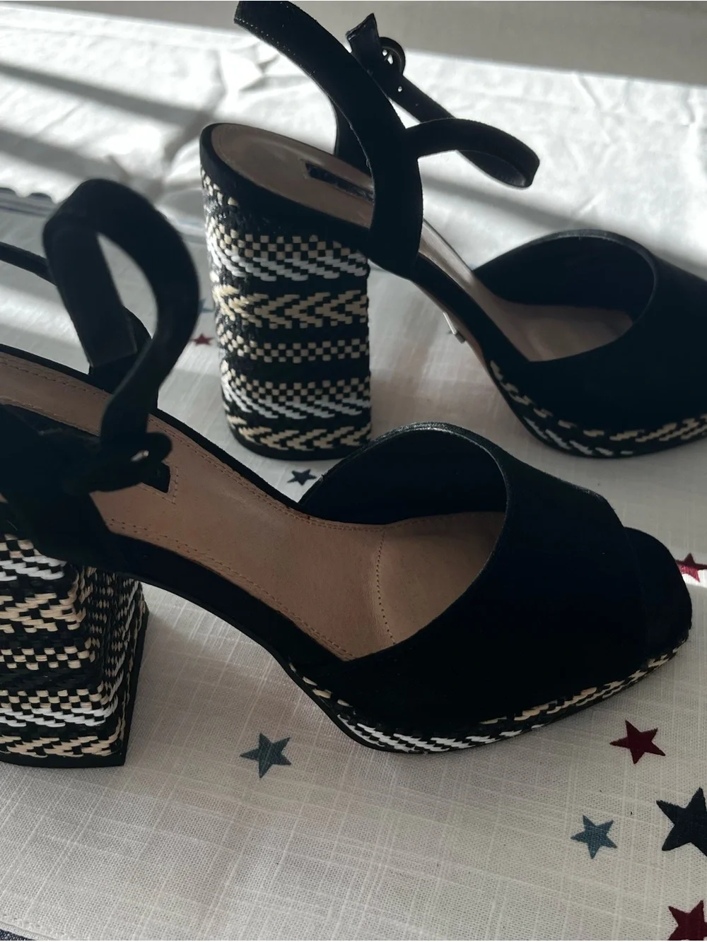 Topshop Black Platform Block Heels with Woven Contrast in Really Nice Condition